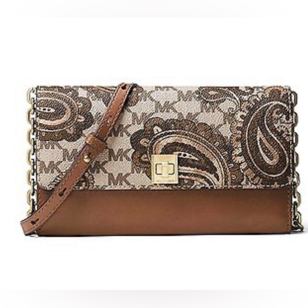 Like new Michael Kors Paisley Natalie Luggage Wallet Clutch Crossbody On Chain